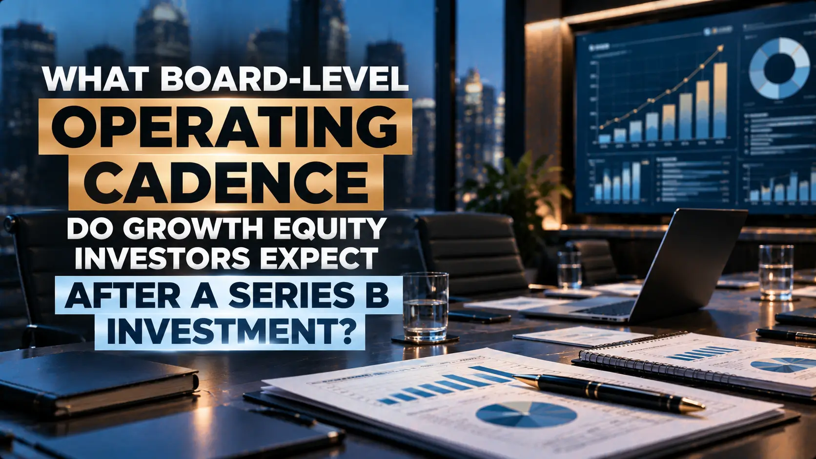 Boardroom table with financial reports, laptop, and analytics dashboard displaying growth charts beside text asking what operating cadence growth equity investors expect after a Series B investment.