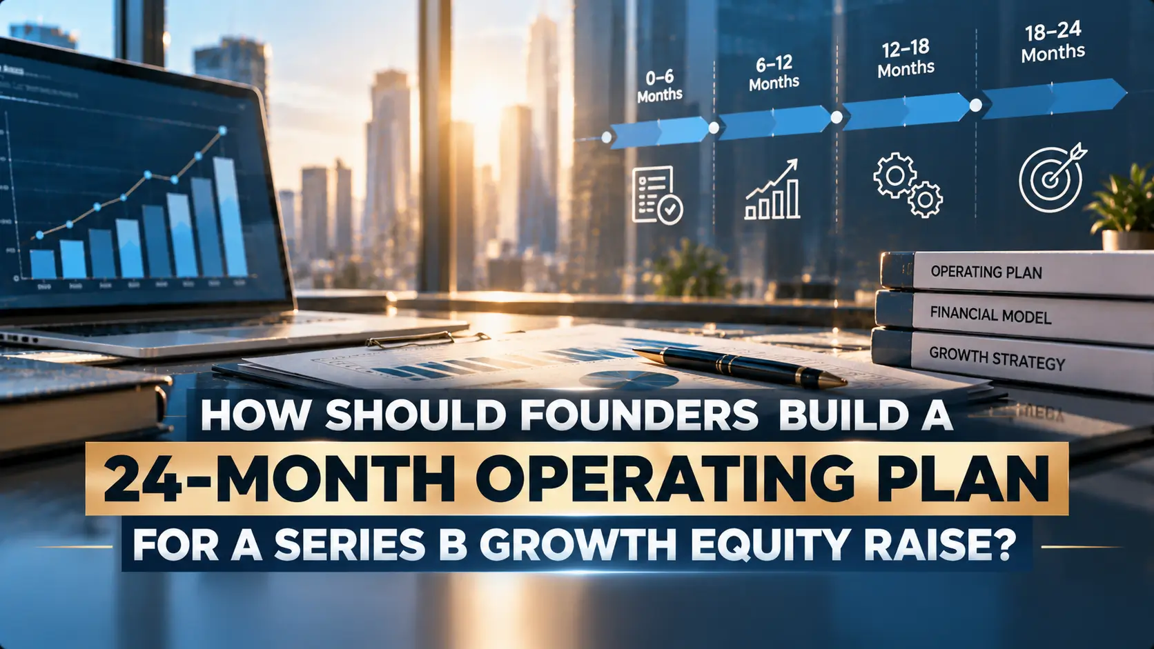 Financial planning workspace showing a laptop growth chart, operating documents, and a 24-month timeline from 0 to 24 months beside the headline, “How should founders build a 24-month operating plan for a Series B growth equity raise?