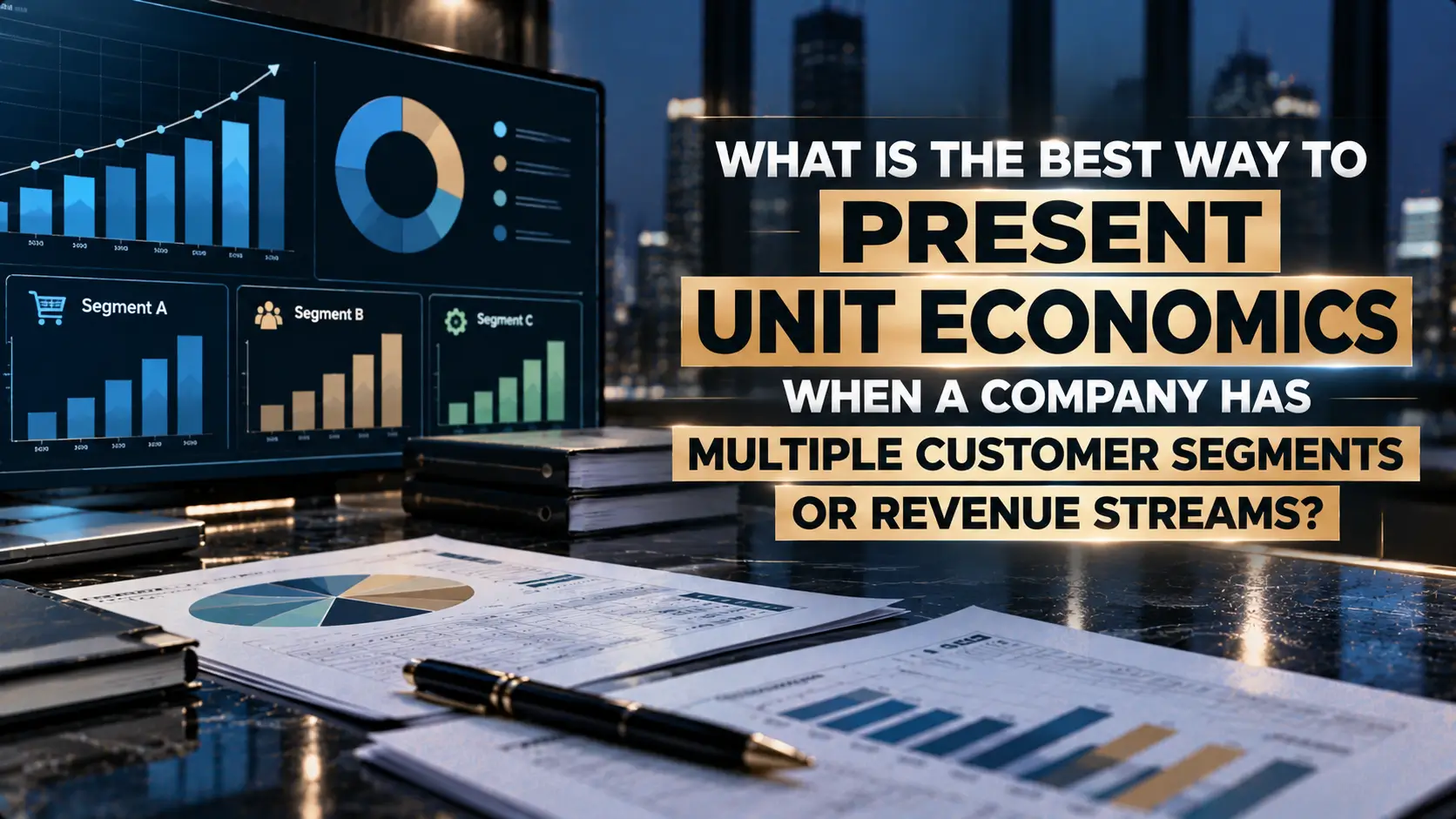 Text asks how best to present unit economics across multiple customer segments or revenue streams, set against financial charts and a dashboard displaying customer segment metrics.