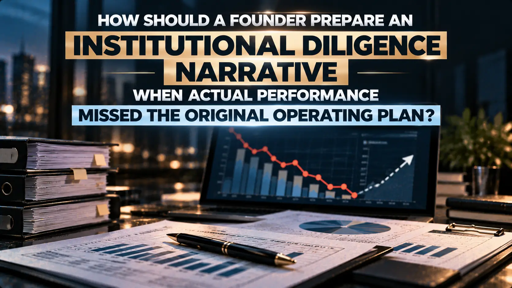 Text asks how a founder prepares an institutional diligence narrative when missing an operating plan, set against financial charts and a laptop showing performance trends.