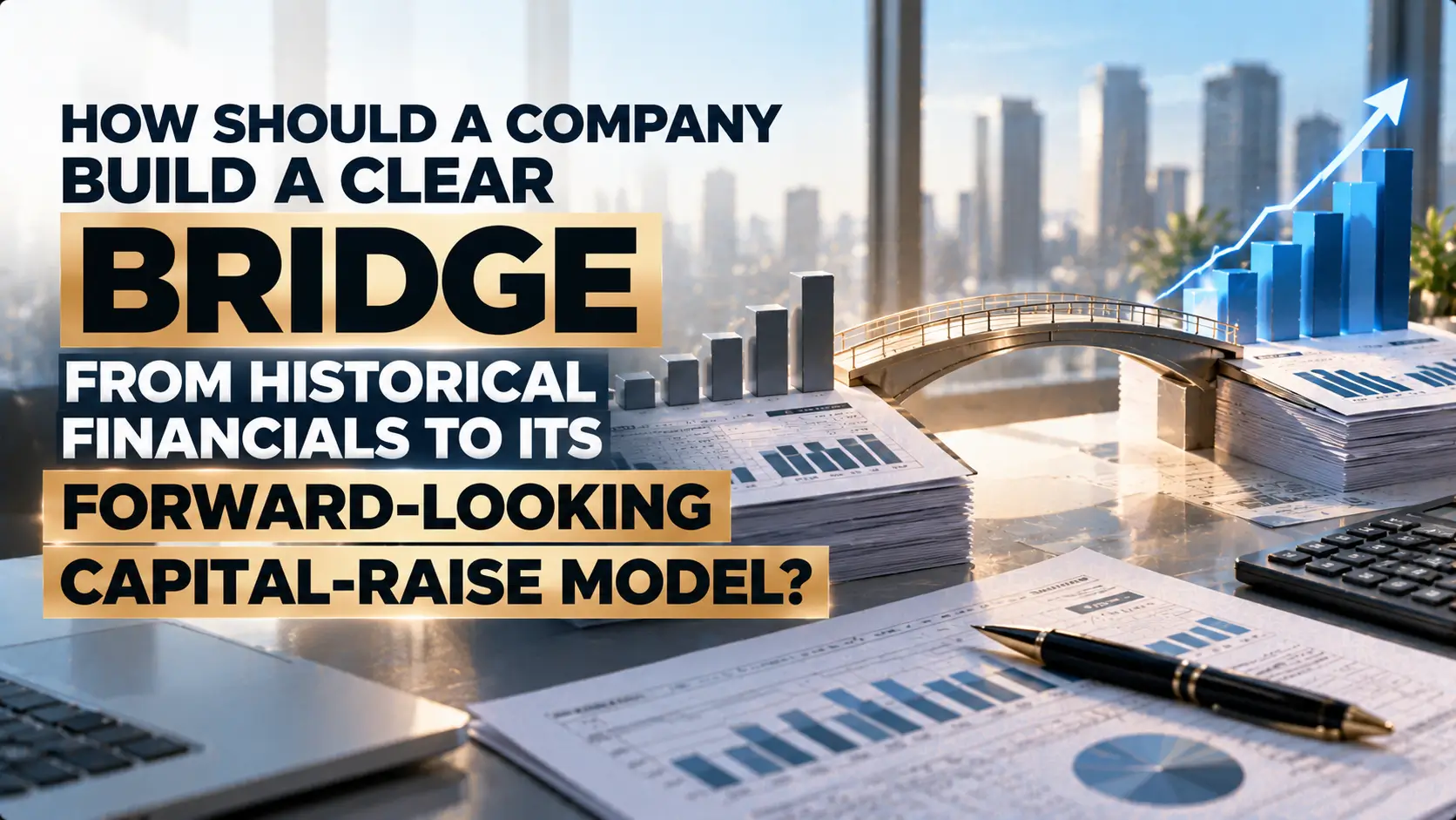 Bridging Historical Financials to Capital Raise Model Text asks how a company builds a bridge from historical financials to a forward-looking capital-raise model, alongside financial charts, a miniature bridge, and rising bar graphs.