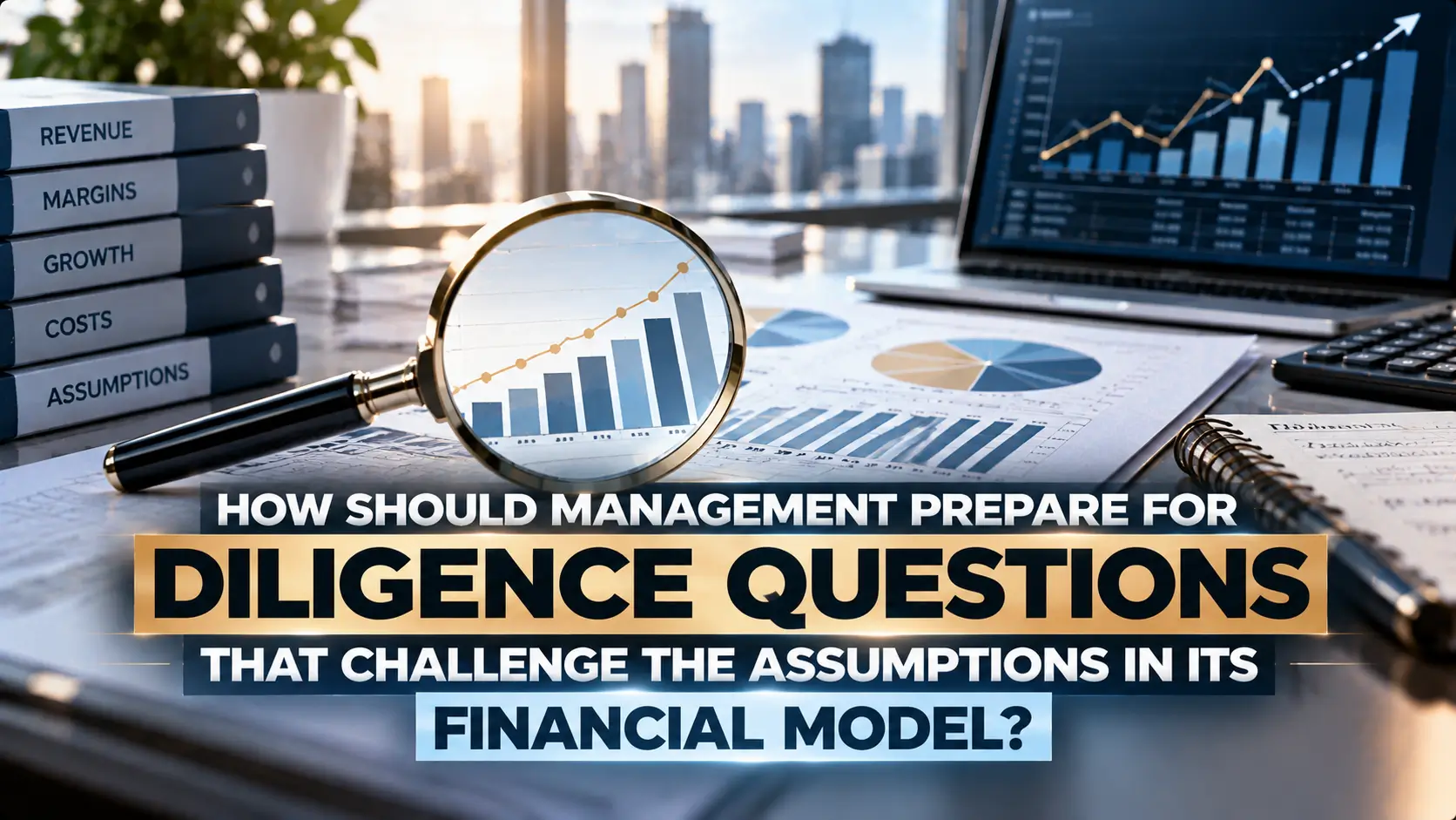 Preparing for Diligence Questions Challenging Financial Model Assumptions Text asks how management should prepare for diligence questions that challenge financial model assumptions, accompanied by financial charts, a magnifying glass examining a bar chart, and stacked binders labeled revenue and costs.