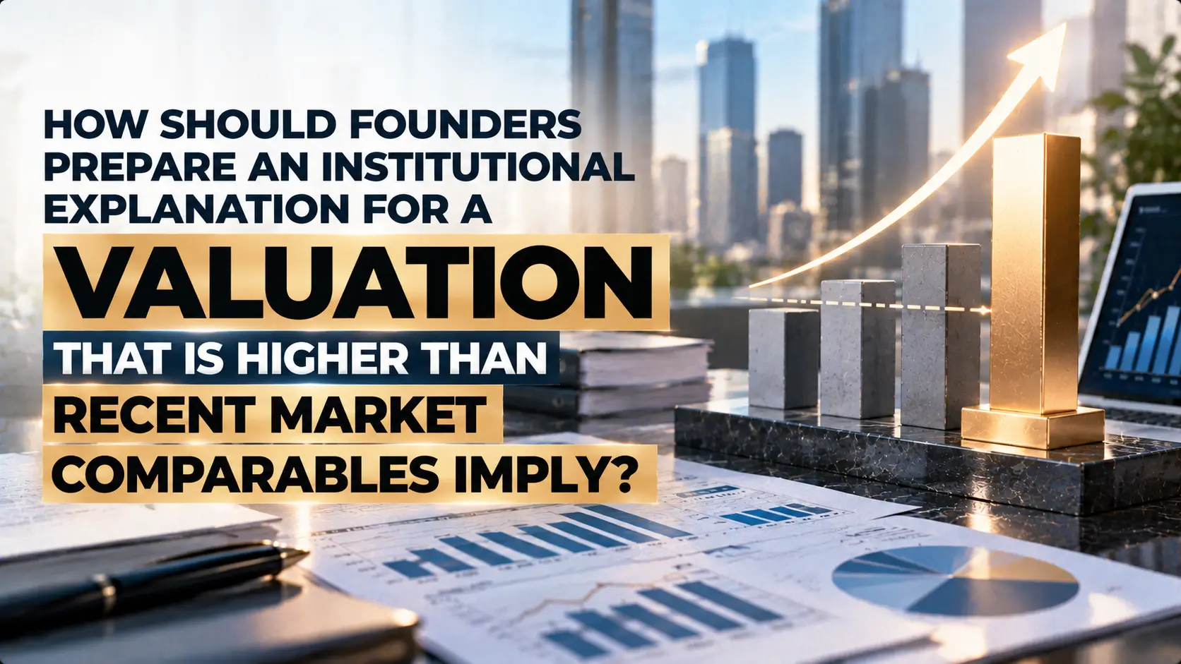 Financial charts and a rising bar graph beside a city skyline, with text asking how founders should explain a valuation higher than recent market comparables.