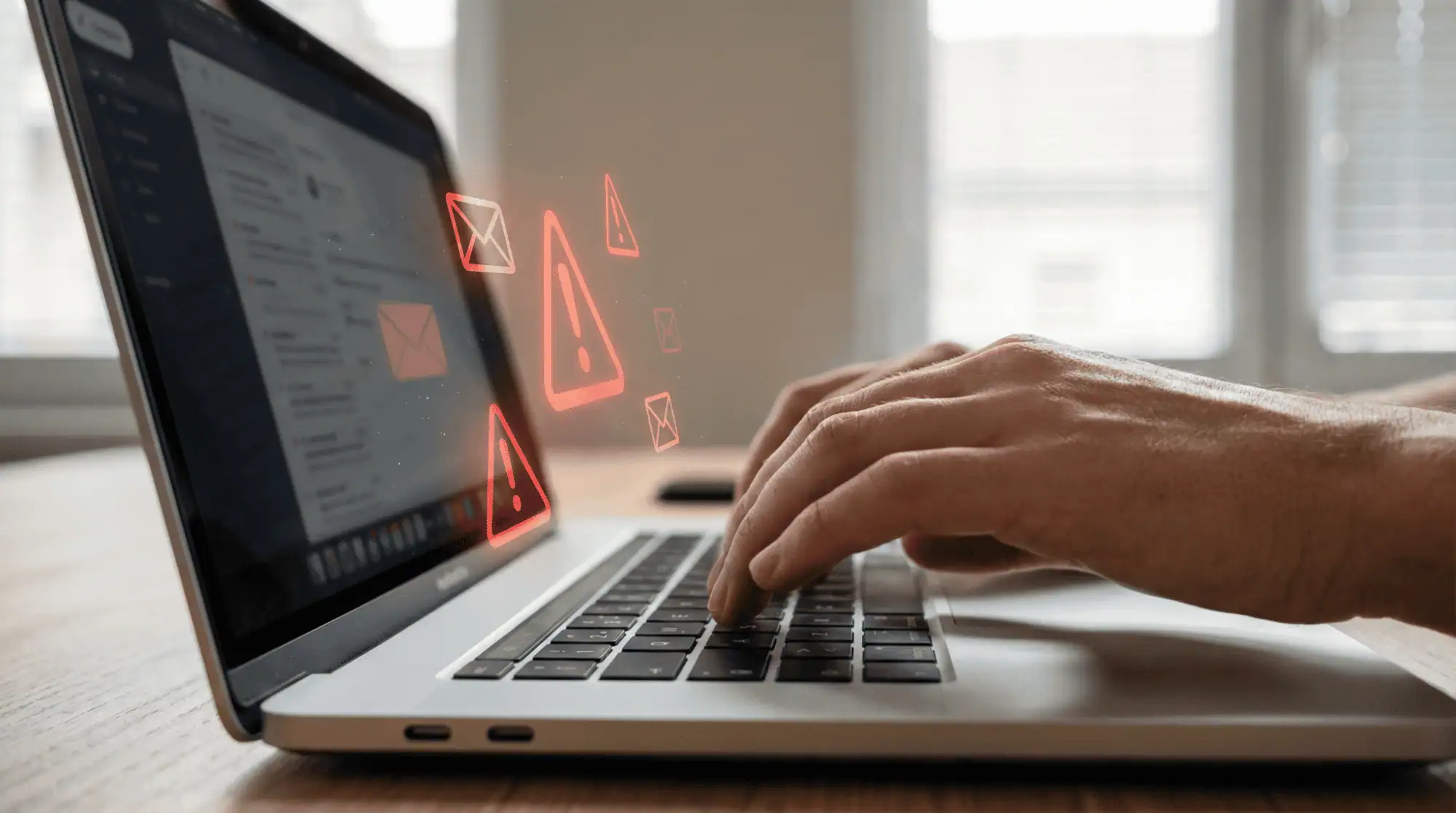 Employee looking at laptop screen unaware of cybersecurity threat icons in the background