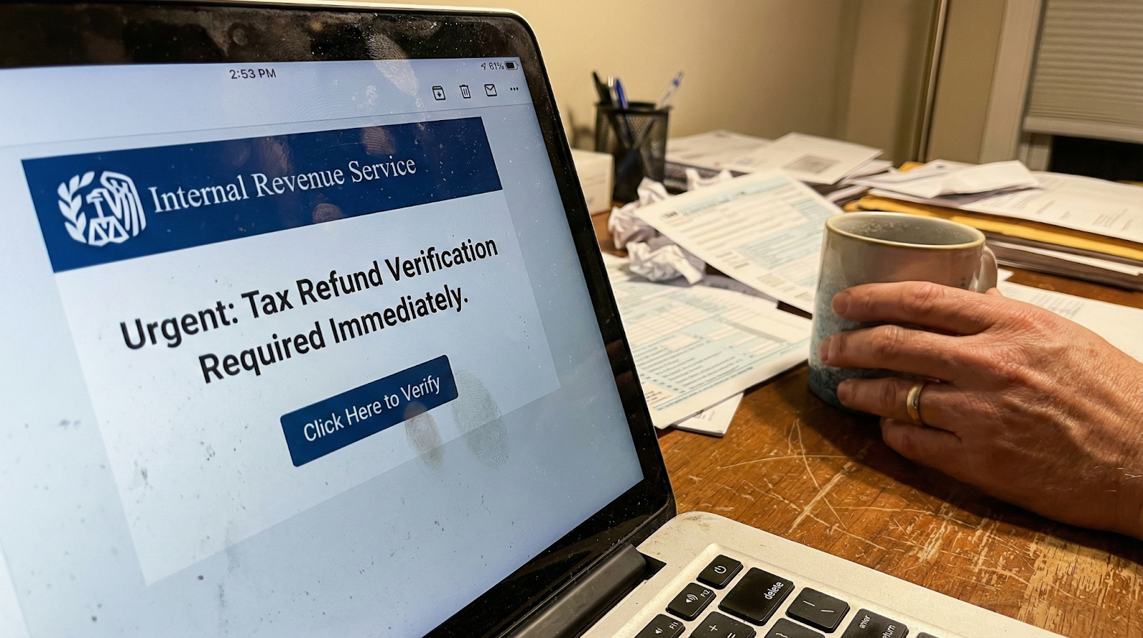 Fake IRS email with official logo and urgent warning message about tax refund verification