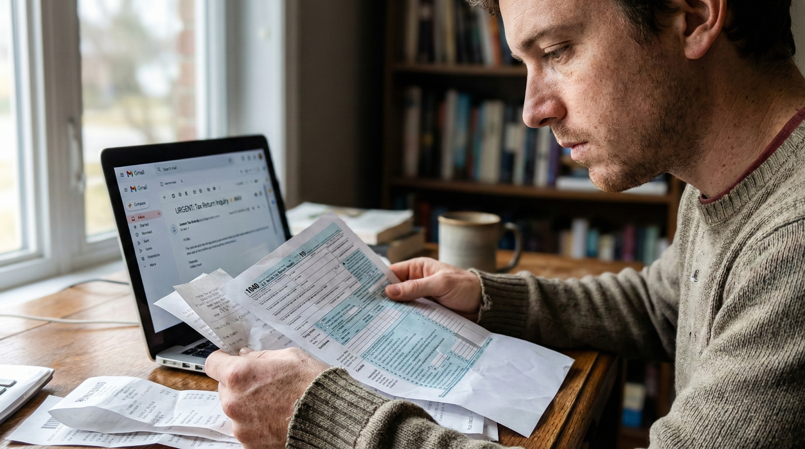 Person reviewing documents at desk with laptop showing email notification, representing tax season communications and potential phishing risks