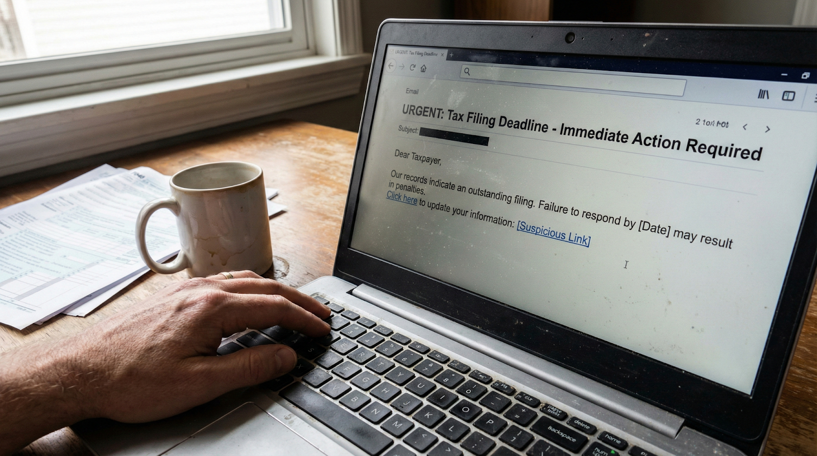 Urgent tax deadline notice email displayed on computer screen showing phishing attempt