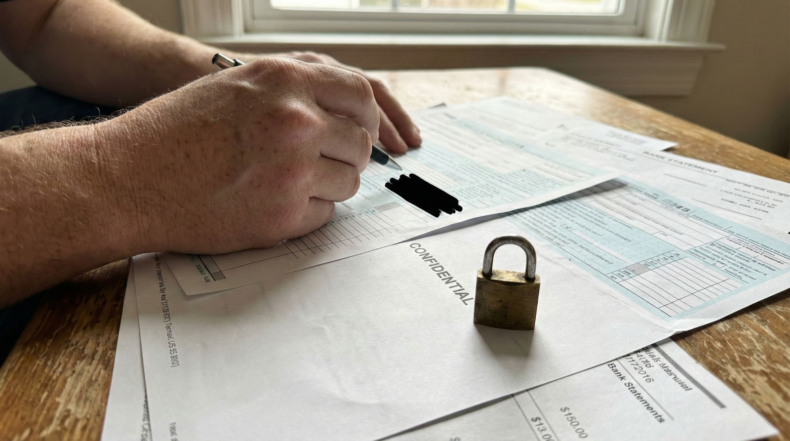 Sensitive tax documents and personal financial data displayed with security lock overlay