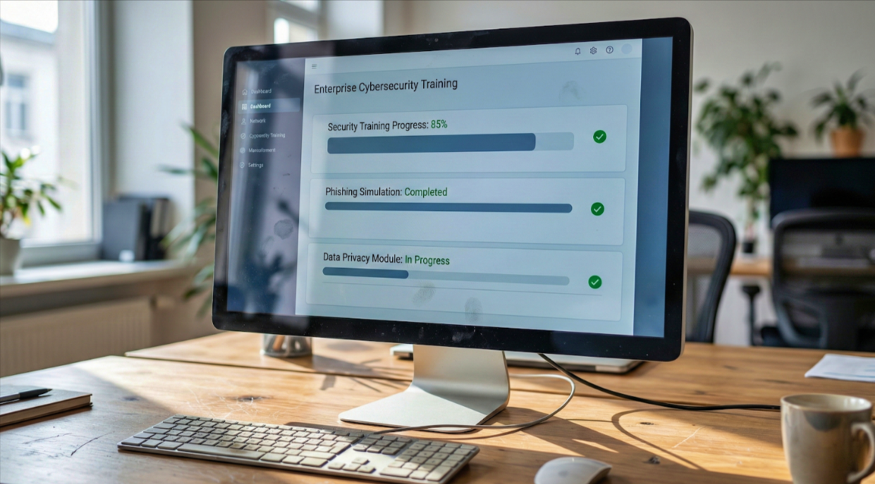 AI-powered cybersecurity training dashboard displaying personalized employee learning paths and progress tracking