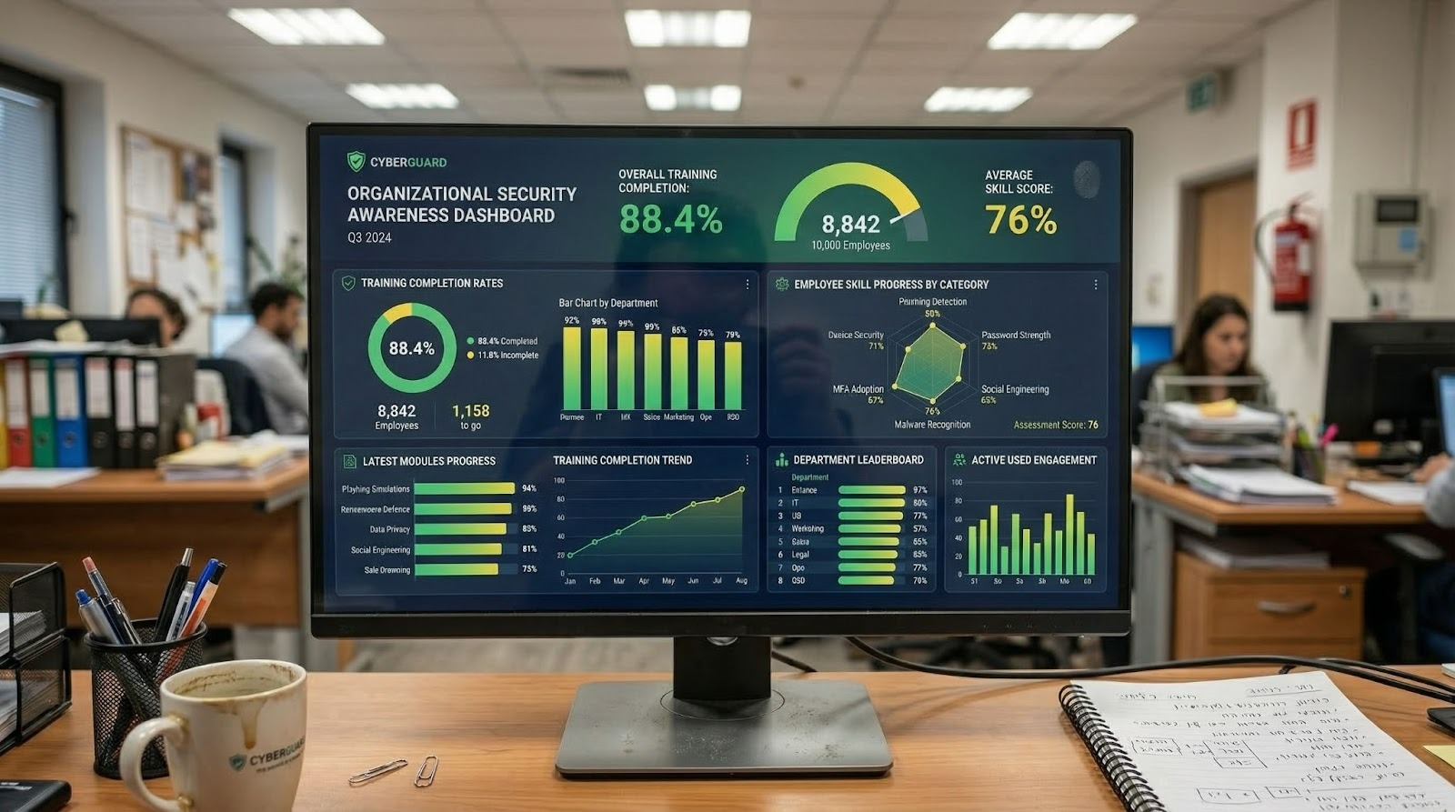  A team security awareness dashboard displaying employee training completion rates and skill progress metrics across an organization