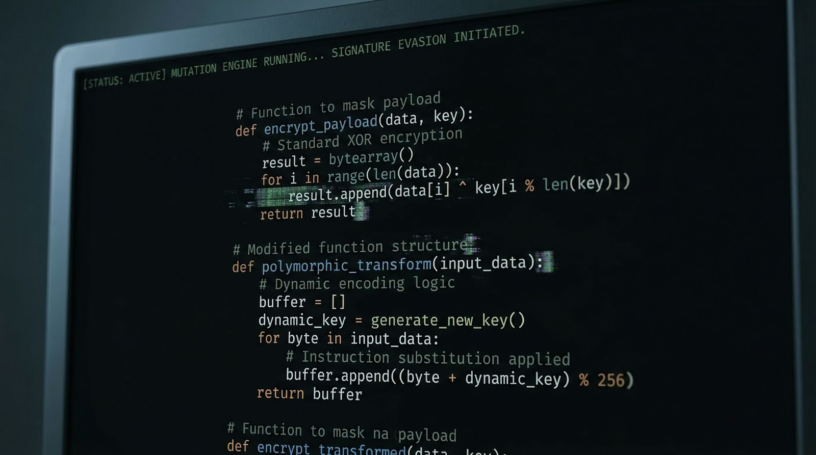 Close-up of lines of code on a dark screen with animated mutation effects, representing self-modifying malware adapting to avoid antivirus detection