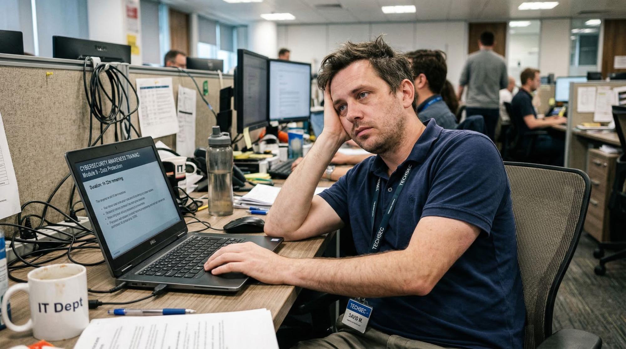  Employee looking disengaged during a long cybersecurity training session on a laptop