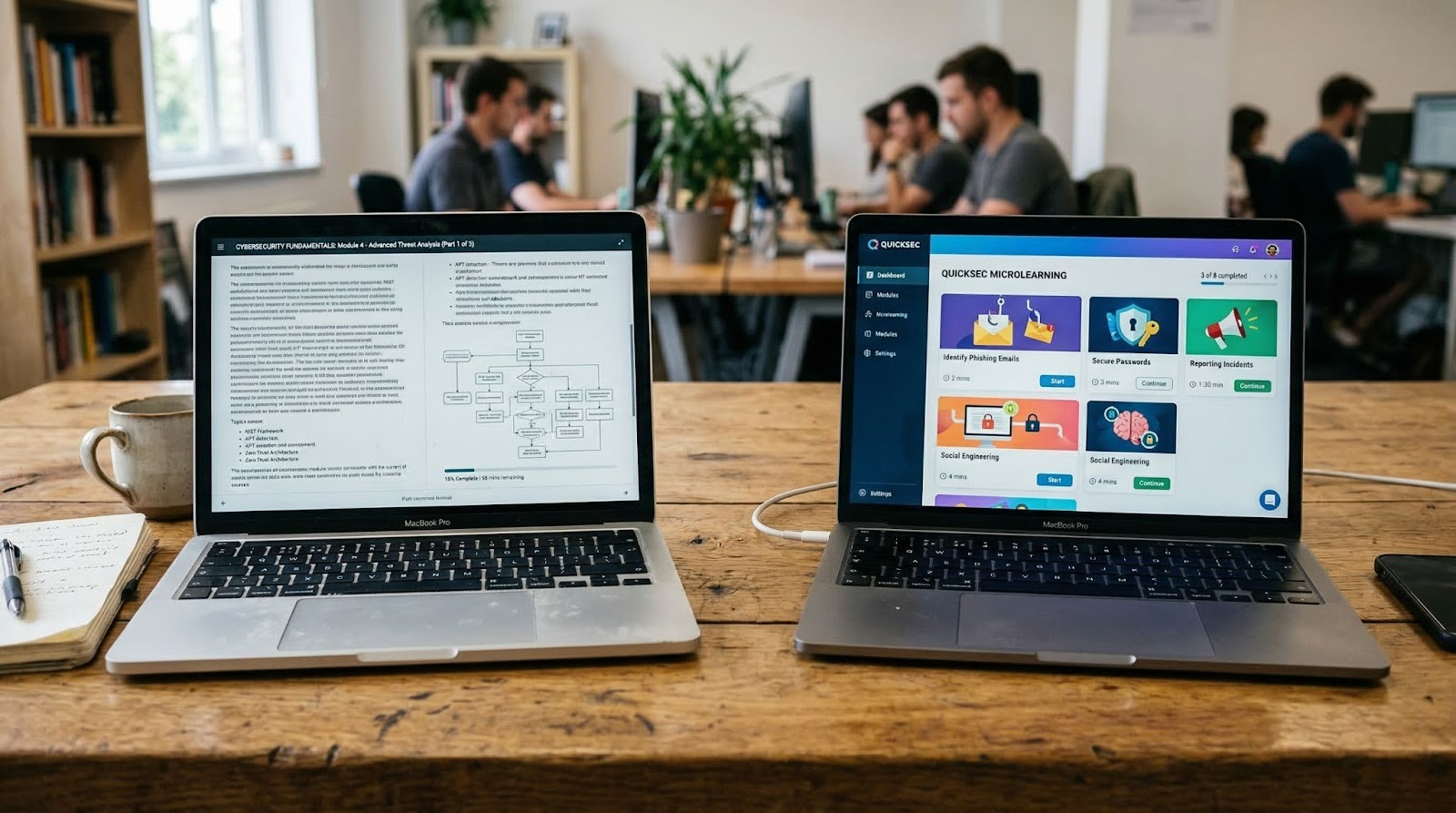 Visual comparison of a traditional long-form security course versus short microlearning modules on a screen
