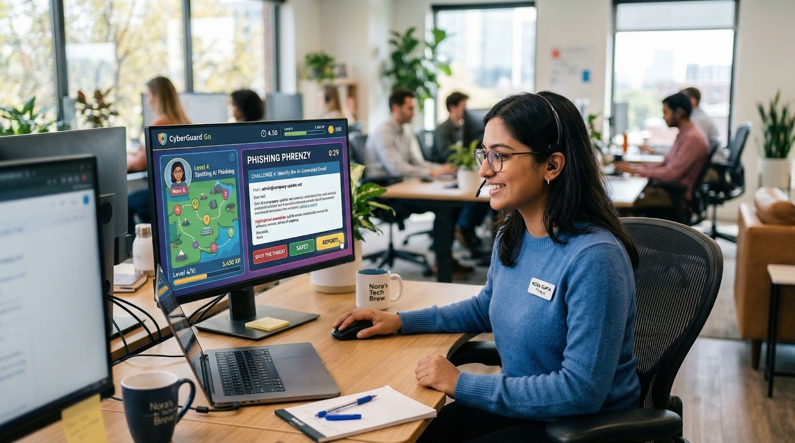 Employee at a computer completing AI cybersecurity awareness training on a gamified microlearning platform