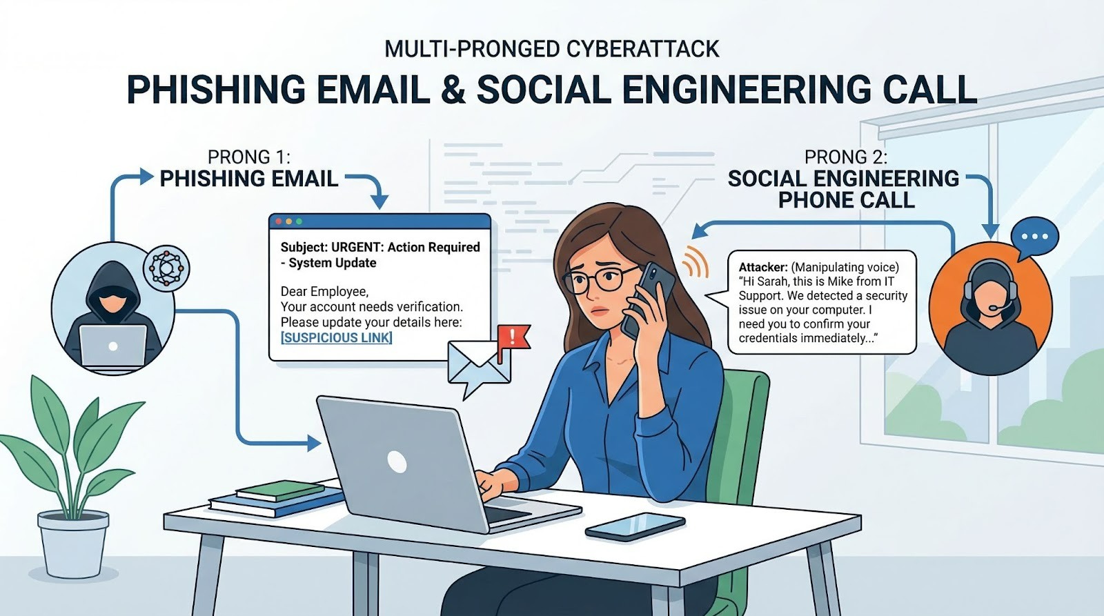  Illustration of a phishing email paired with a follow-up phone call representing a multi-pronged cyberattack strategy