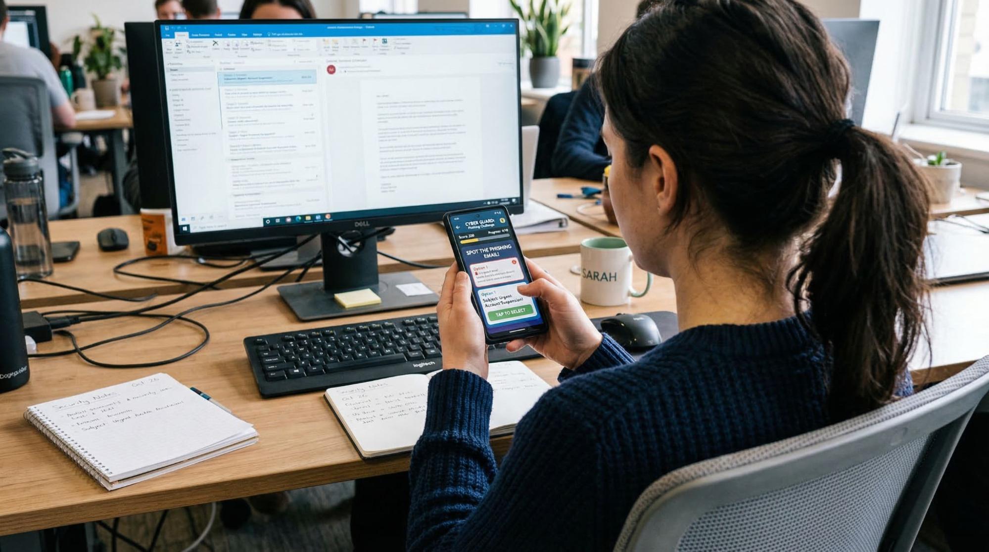 An employee completing a short cybersecurity microlearning lesson on a mobile device at their work desk