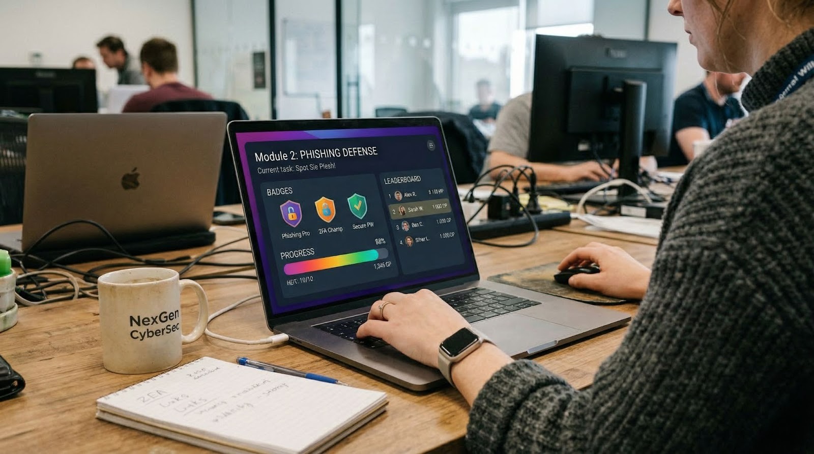 A person using a smartphone to complete a gamified security training module with badges, a progress bar, and a leaderboard visible on screen