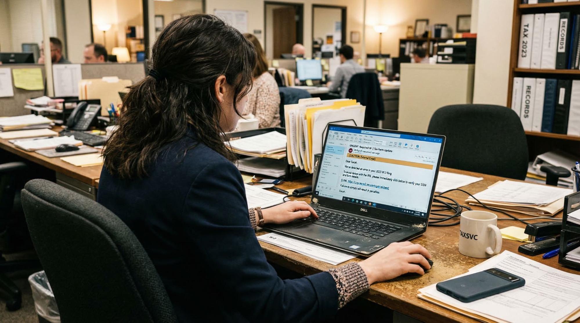 A payroll employee reviewing a suspicious W-2 request email on a laptop during tax filing season