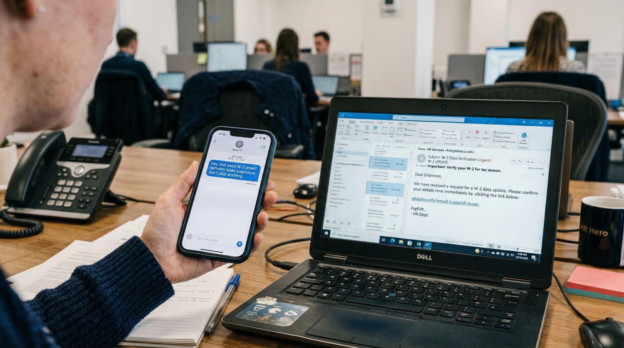 HR professional reviewing a suspicious W-2 data request email at their desk
