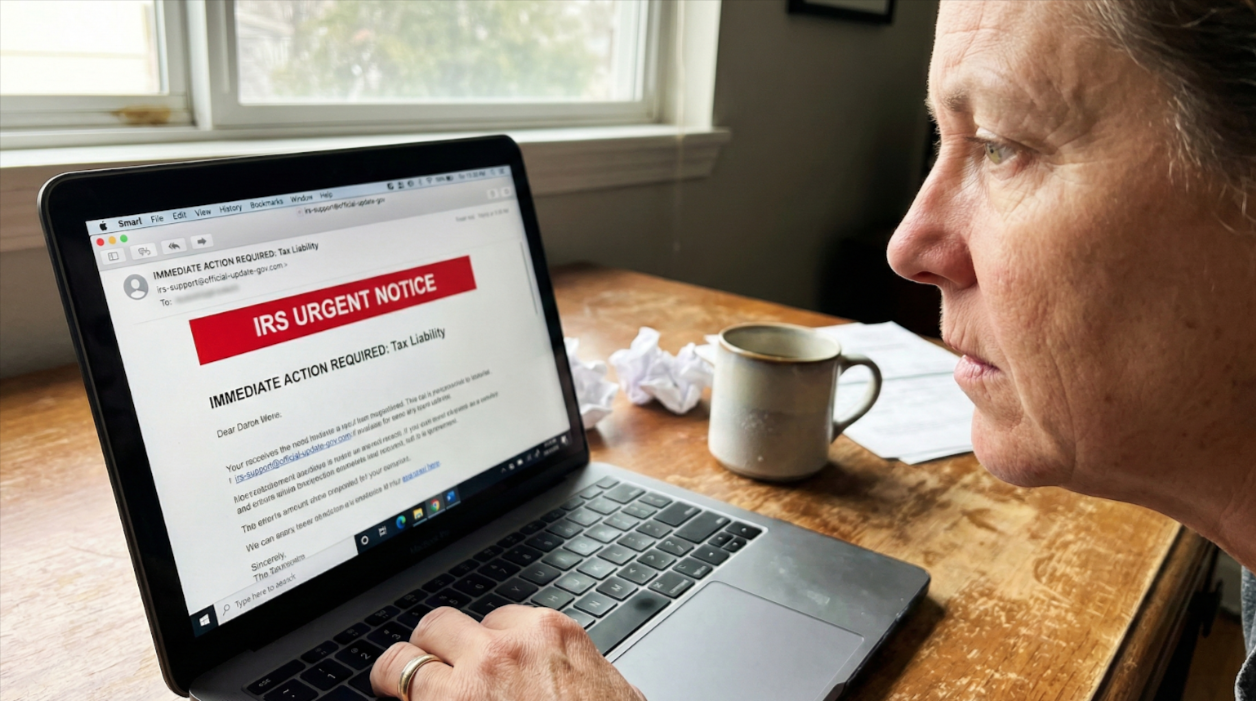 woman staring at a phishing email displayed on a computer screen designed to mimic an official IRS communication during tax season