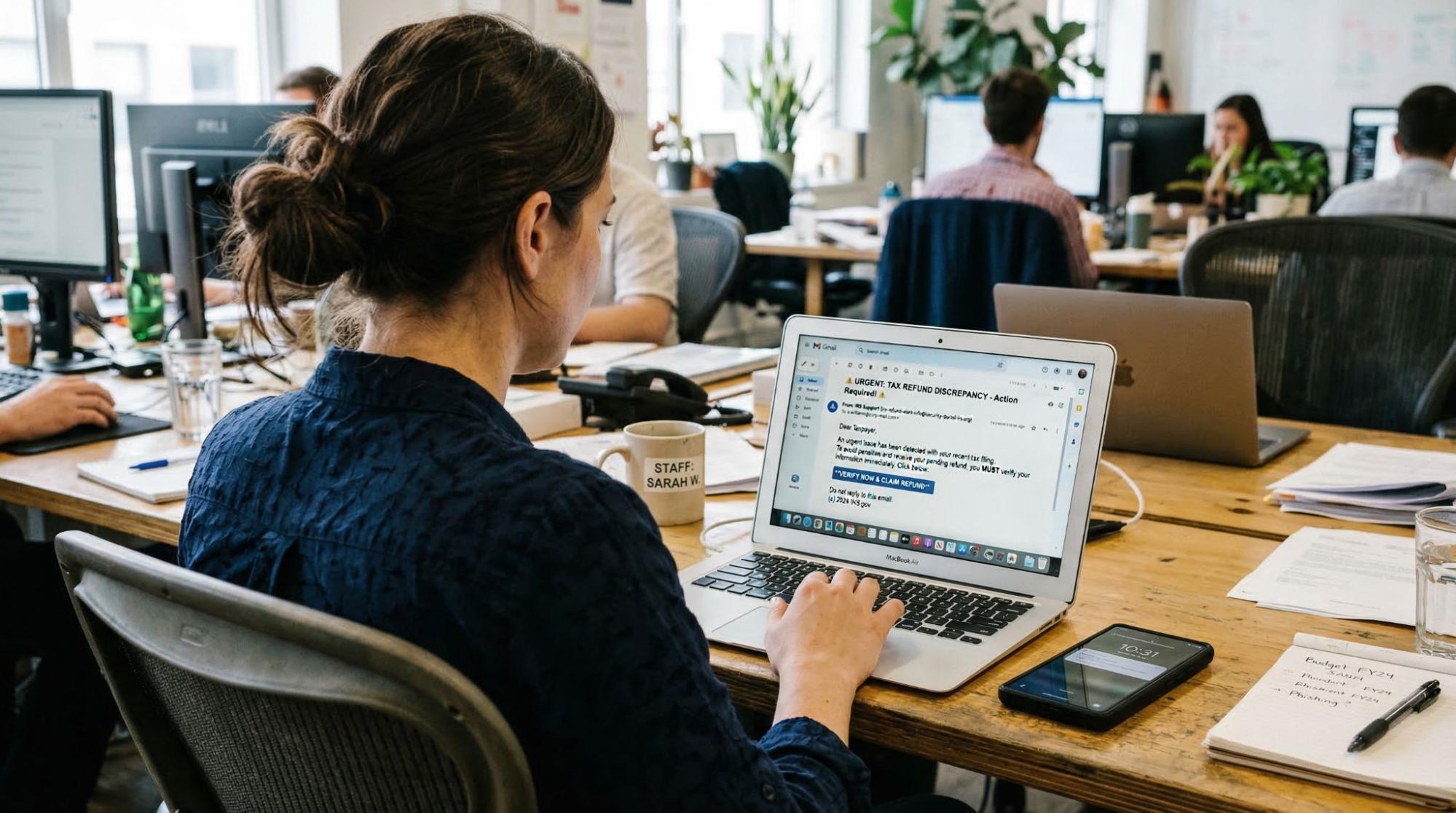  Employee reviewing a suspicious tax-related email on a laptop with a warning icon on the screen