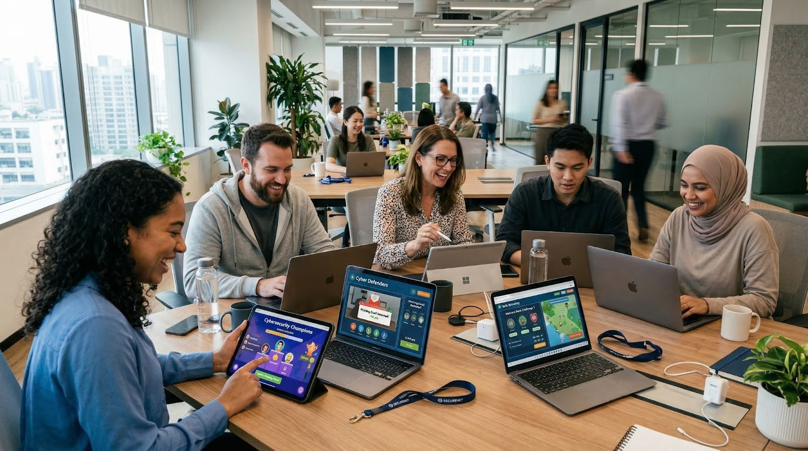 Team of employees engaging with gamified cybersecurity awareness training on their devices in a modern office environment
