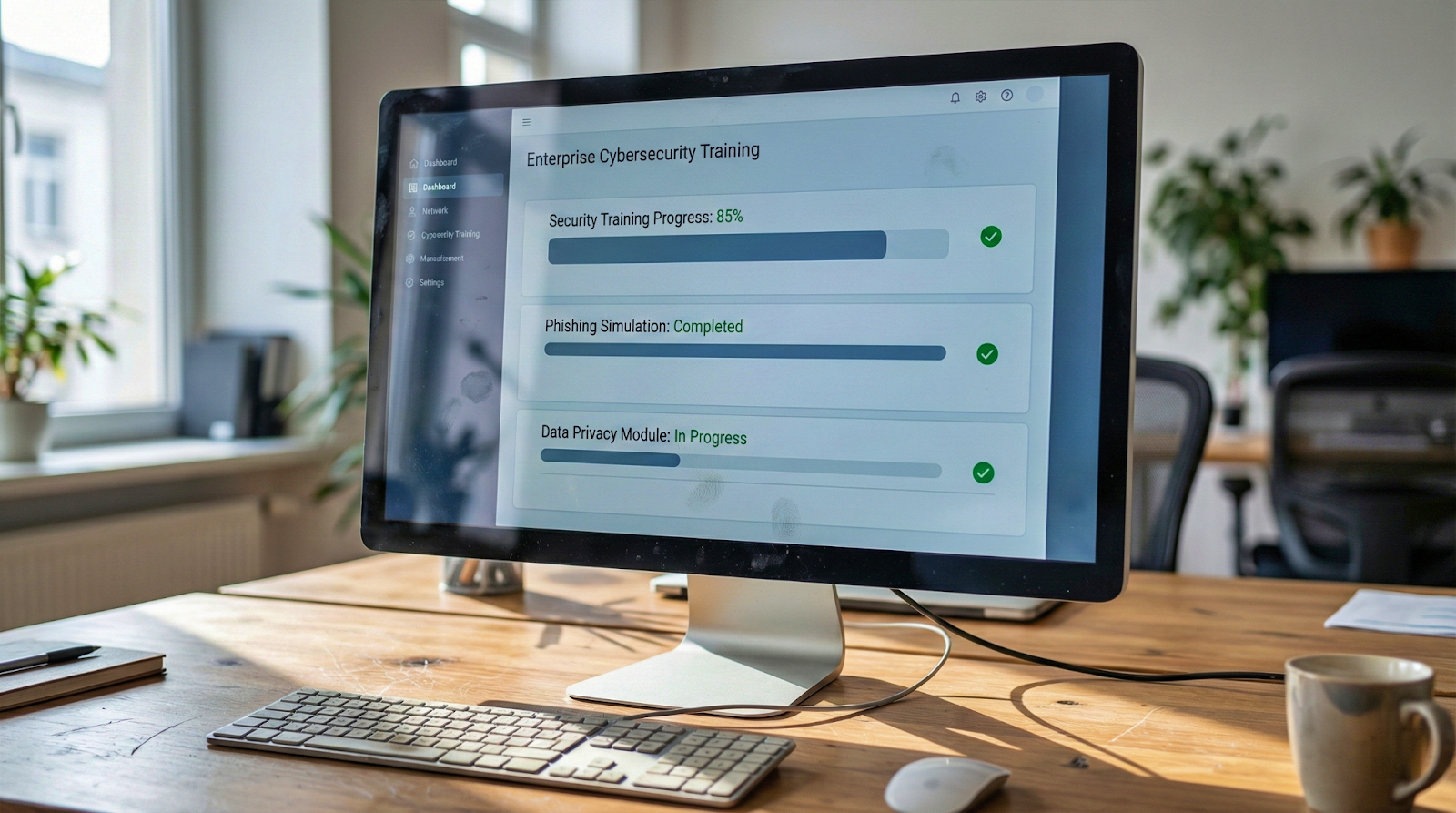 Dashboard showing cybersecurity training progress and completion metrics