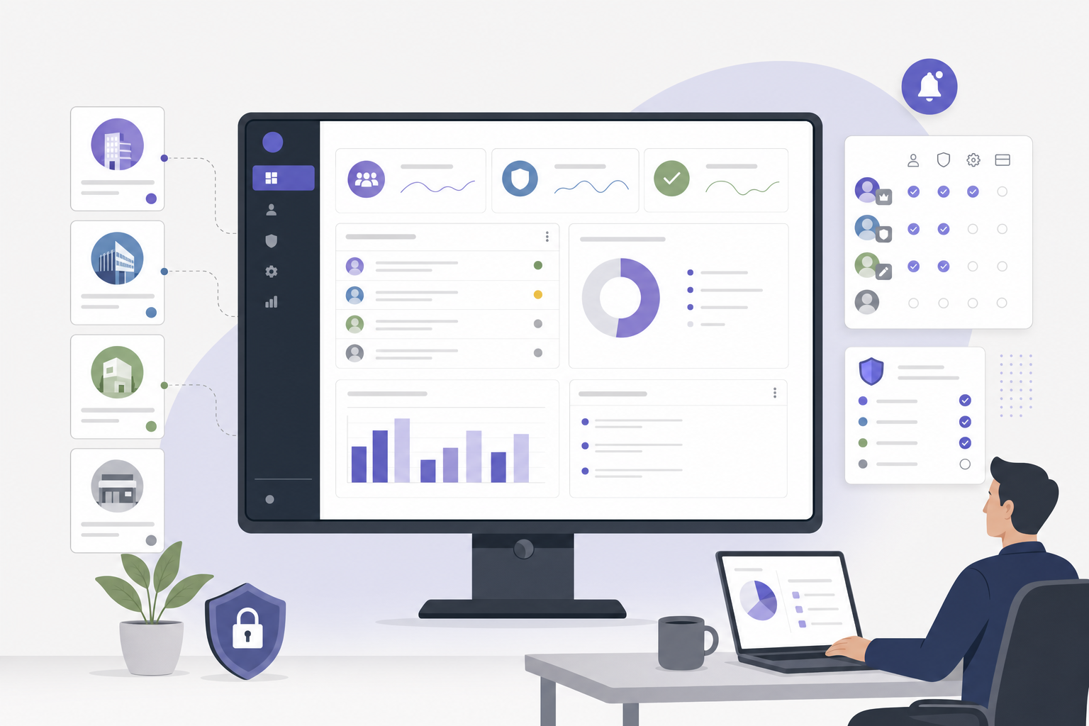 A dashboard illustration showing separate client workspaces managed from one MSP console.