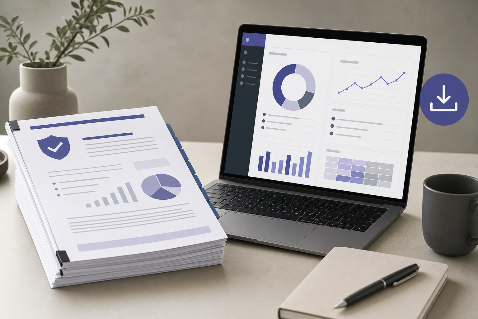 A compliance manager reviewing a training completion report with charts, user lists, and audit evidence.