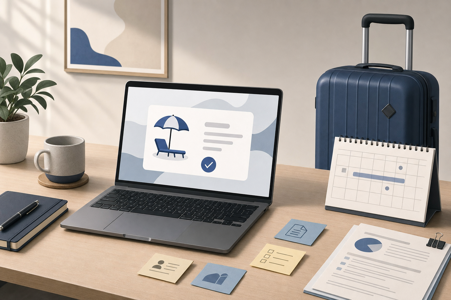 An office desk with a laptop displaying an out-of-office message, a suitcase, a calendar page, and sticky notes about invoices and approvals.