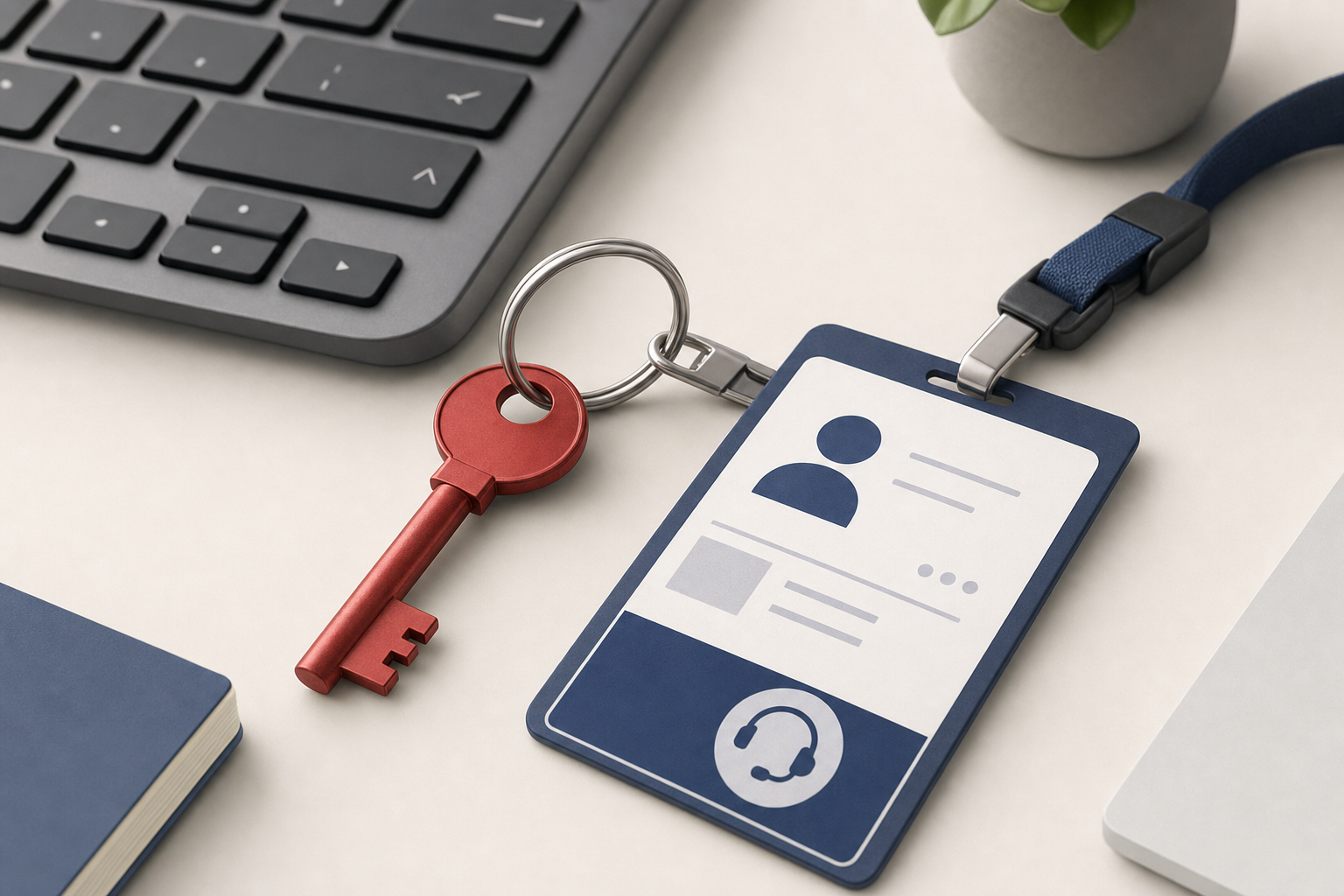 A red master key beside a keyboard and IT support access badge.