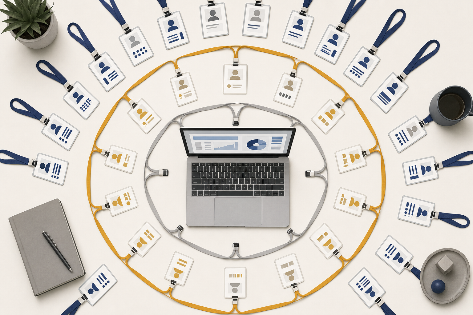 Office ID badges arranged in circles around a laptop to represent employee risk levels.