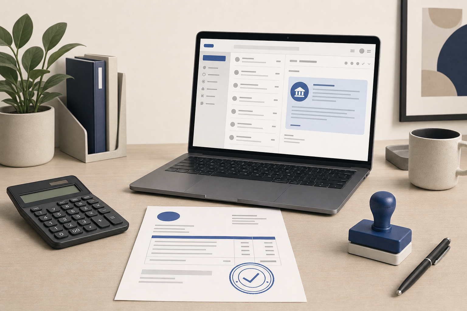 Invoice and payment approval materials beside a laptop showing a bank change request email.