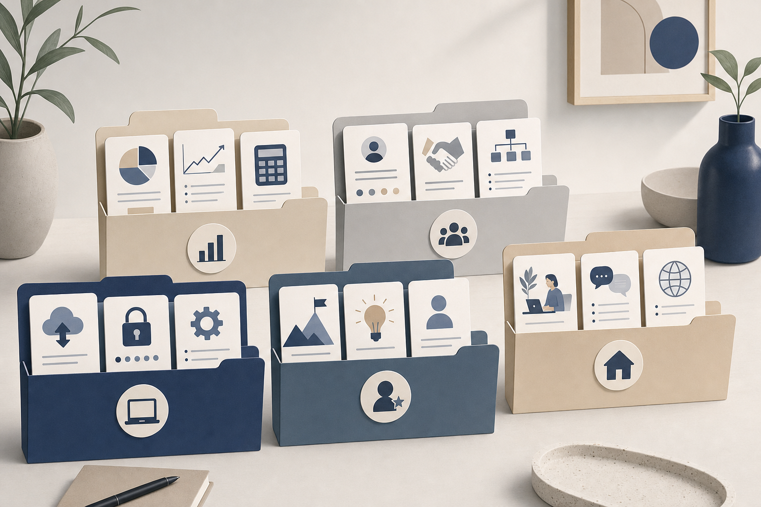 Role-labeled folders containing different security training cards.