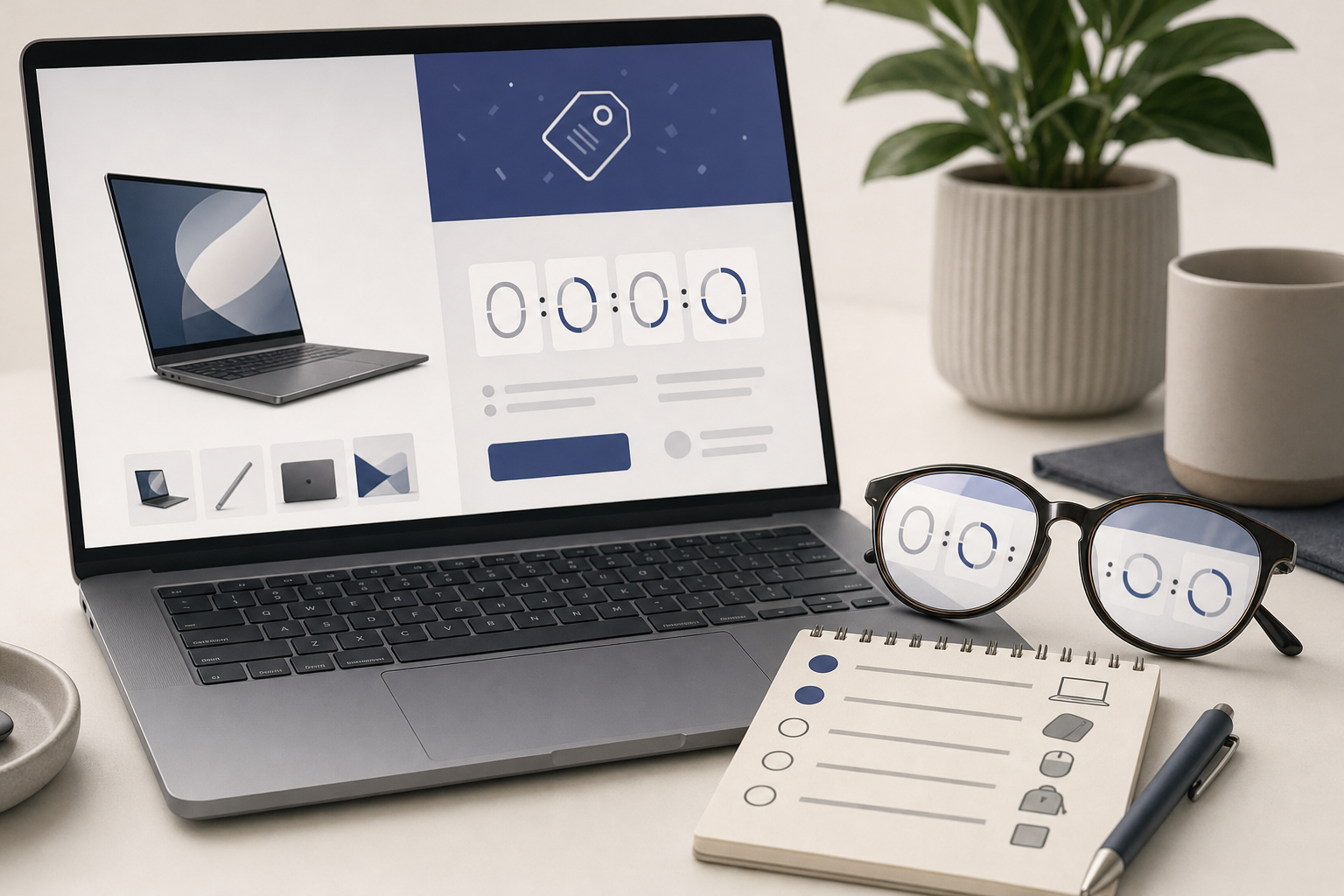 Laptop sale page with a countdown timer beside reading glasses and a shopping list.