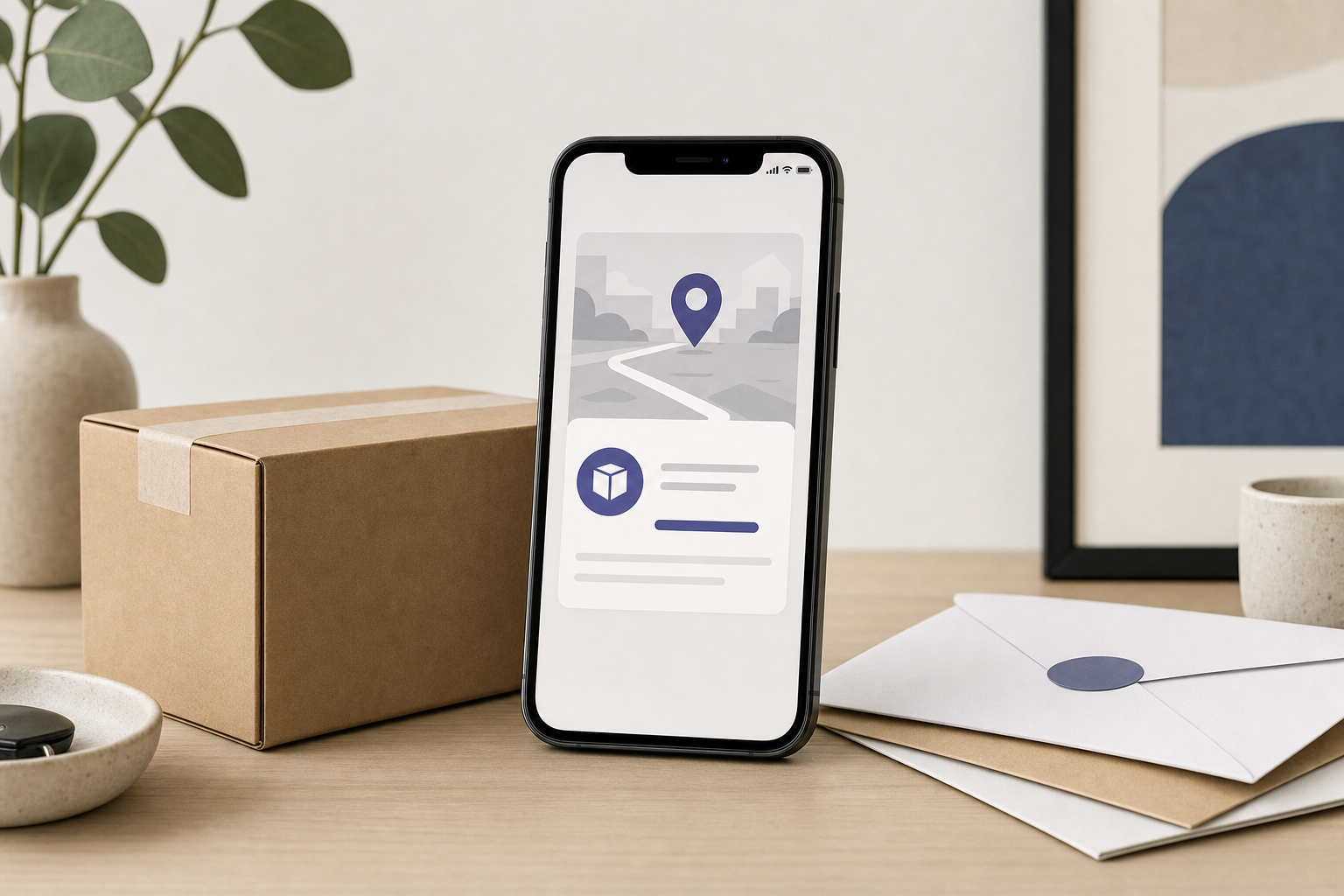Smartphone showing a generic delivery alert beside a package and mail.