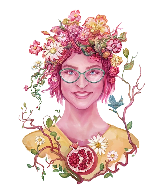 An artist's illustration of Clayre with flowers in her pink hair, aquamarine glasses, and a smile.