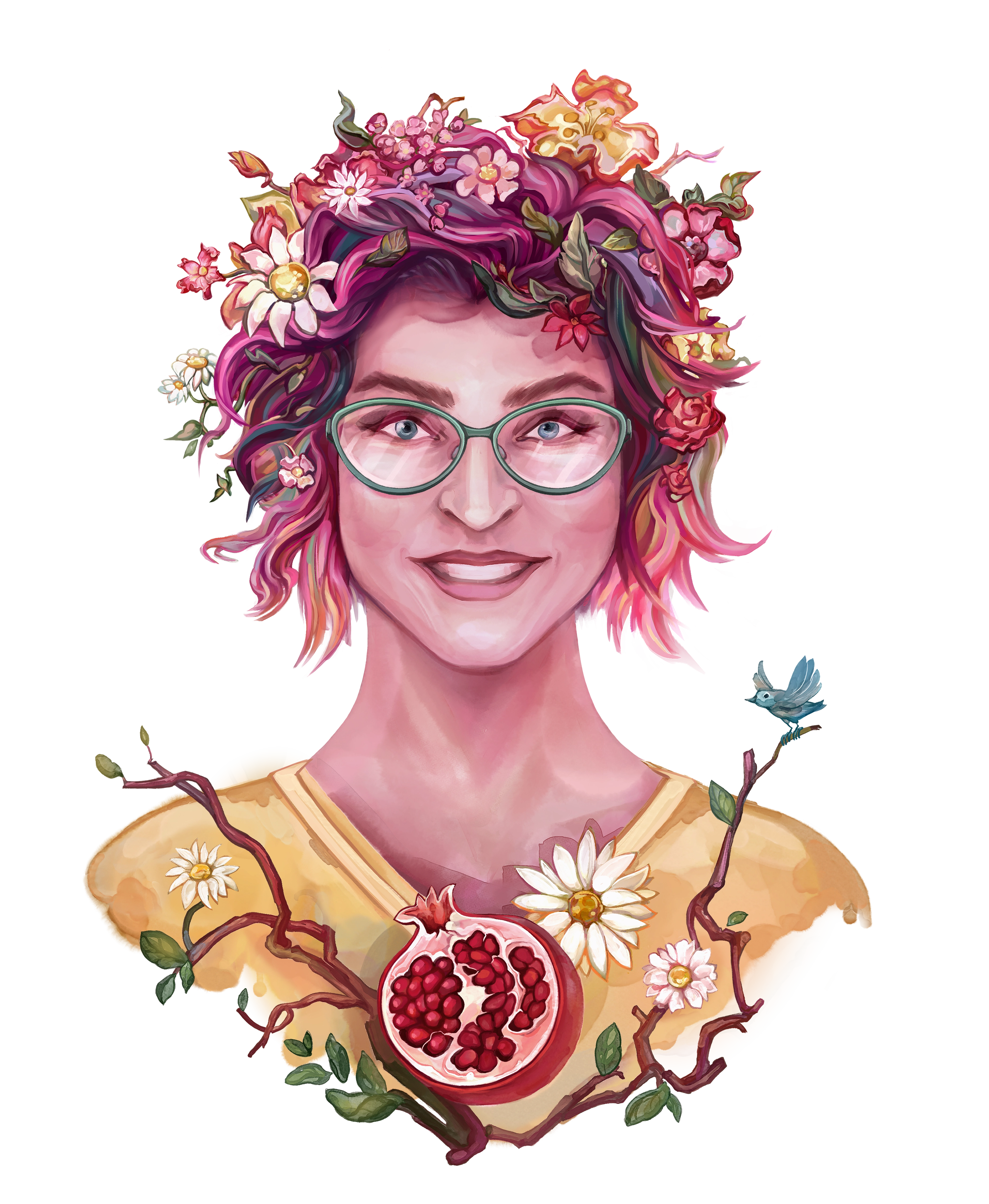 An artist's illustration of Clayre with flowers in her pink hair, aquamarine glasses, and a smile.