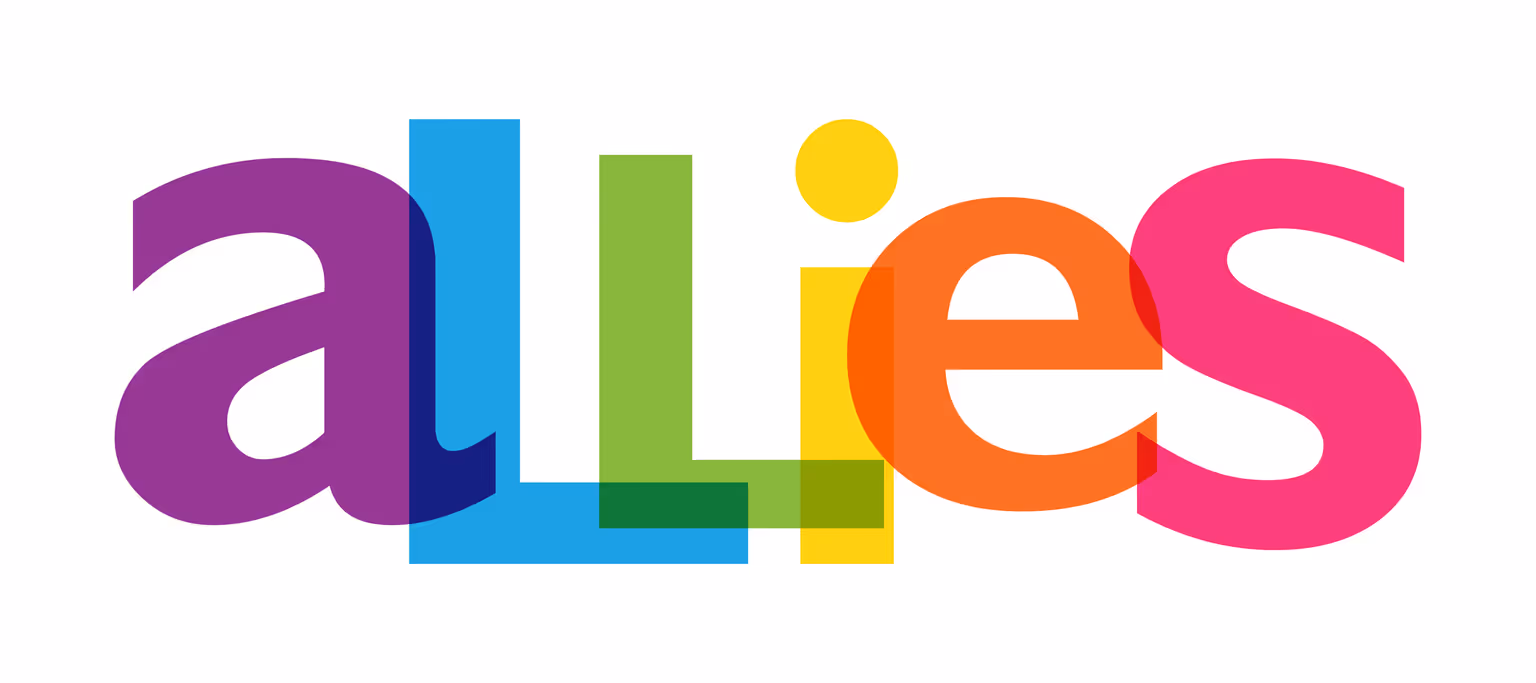 The word allies is written out in a rainbow of colours
