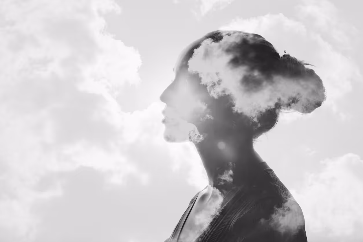 A profile of a feminine body with an inner natural landscape that is placed over the mind