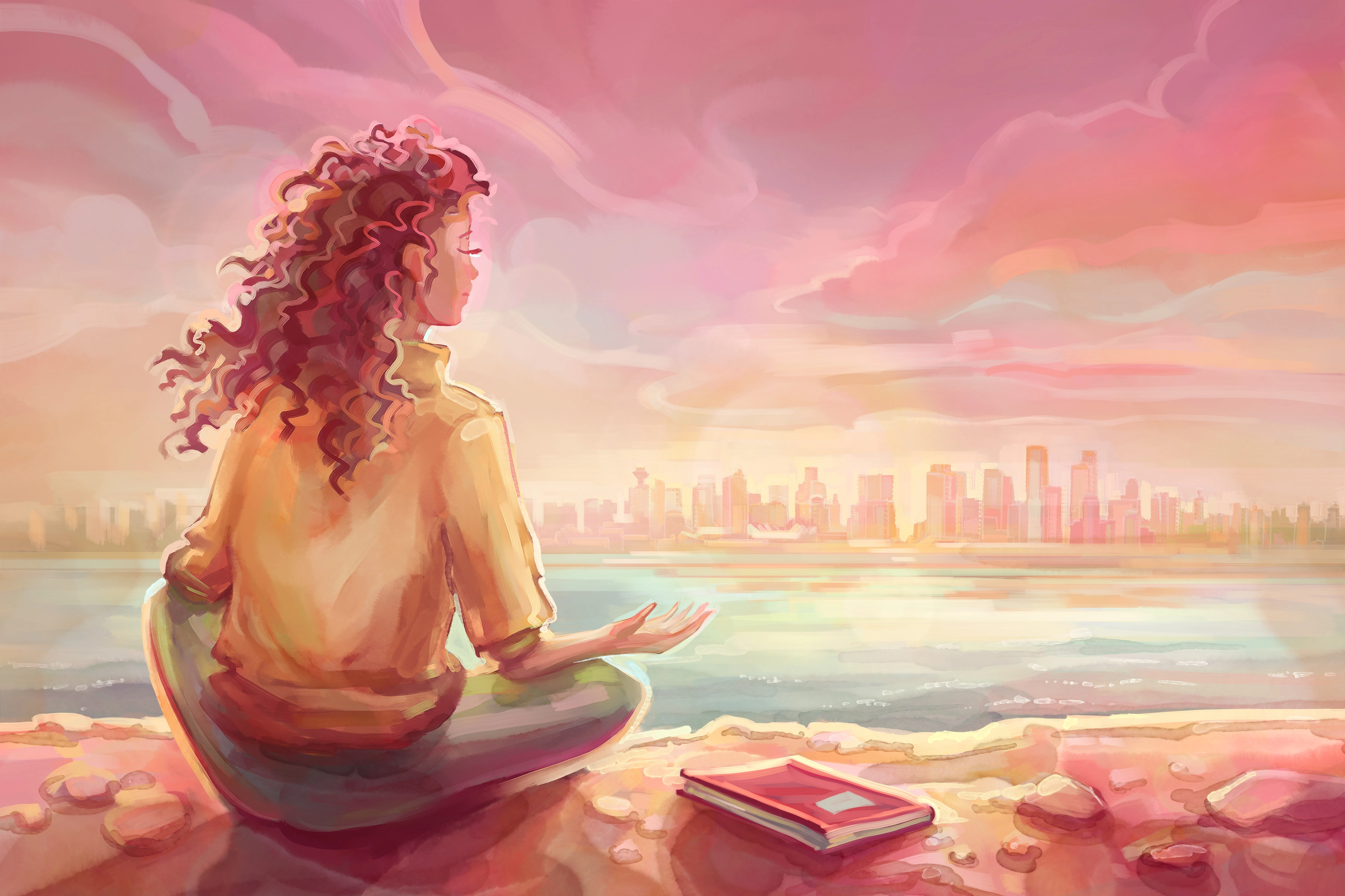 Burnout image of an adult leaning against a window, looking outside