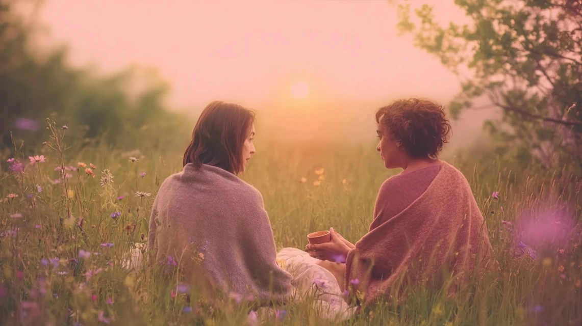 Post-psychedelic integration therapy with therapist and client sitting in a field with cups of tea