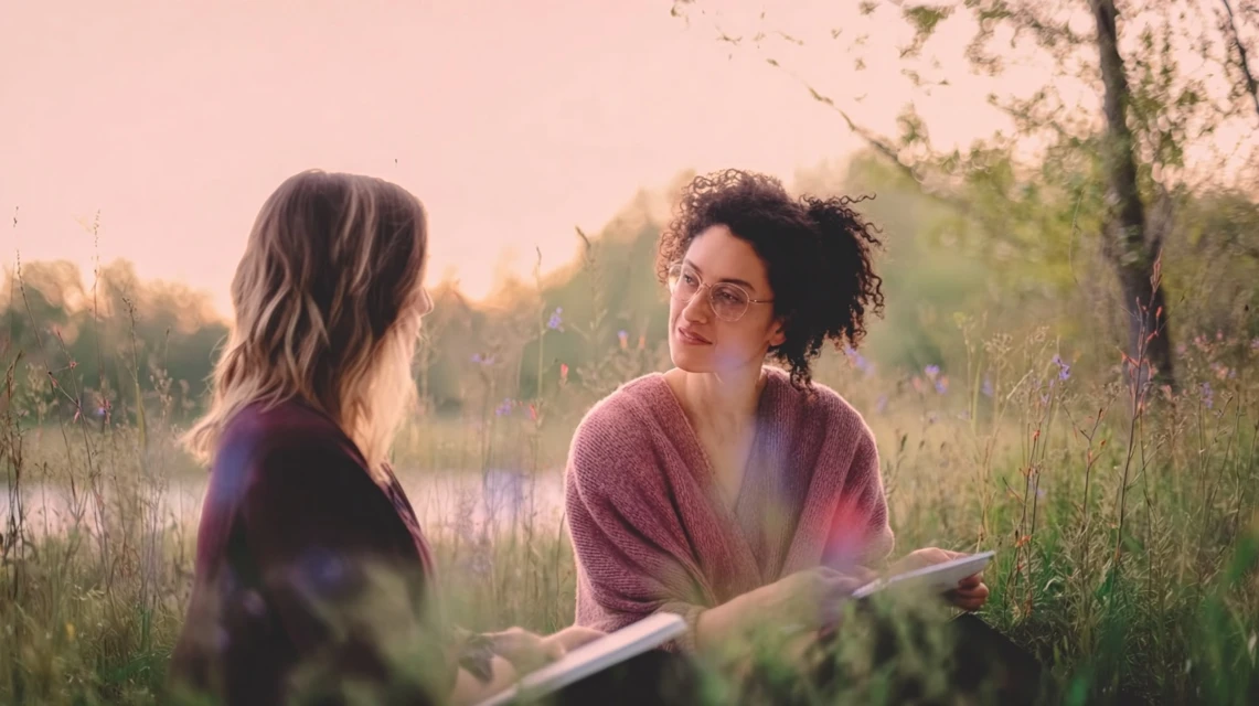 Two therapists sit outdoors, reflecting in peer consultation amid grasses and soft evening light | Blog | CSP
