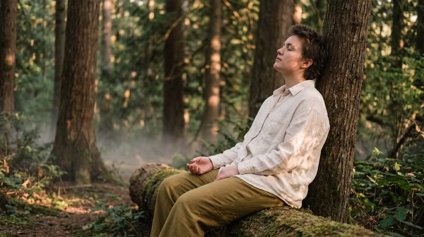 Non-binary adult resting quietly in a sunlit Pacific Northwest forest clearing | Blog | CSP