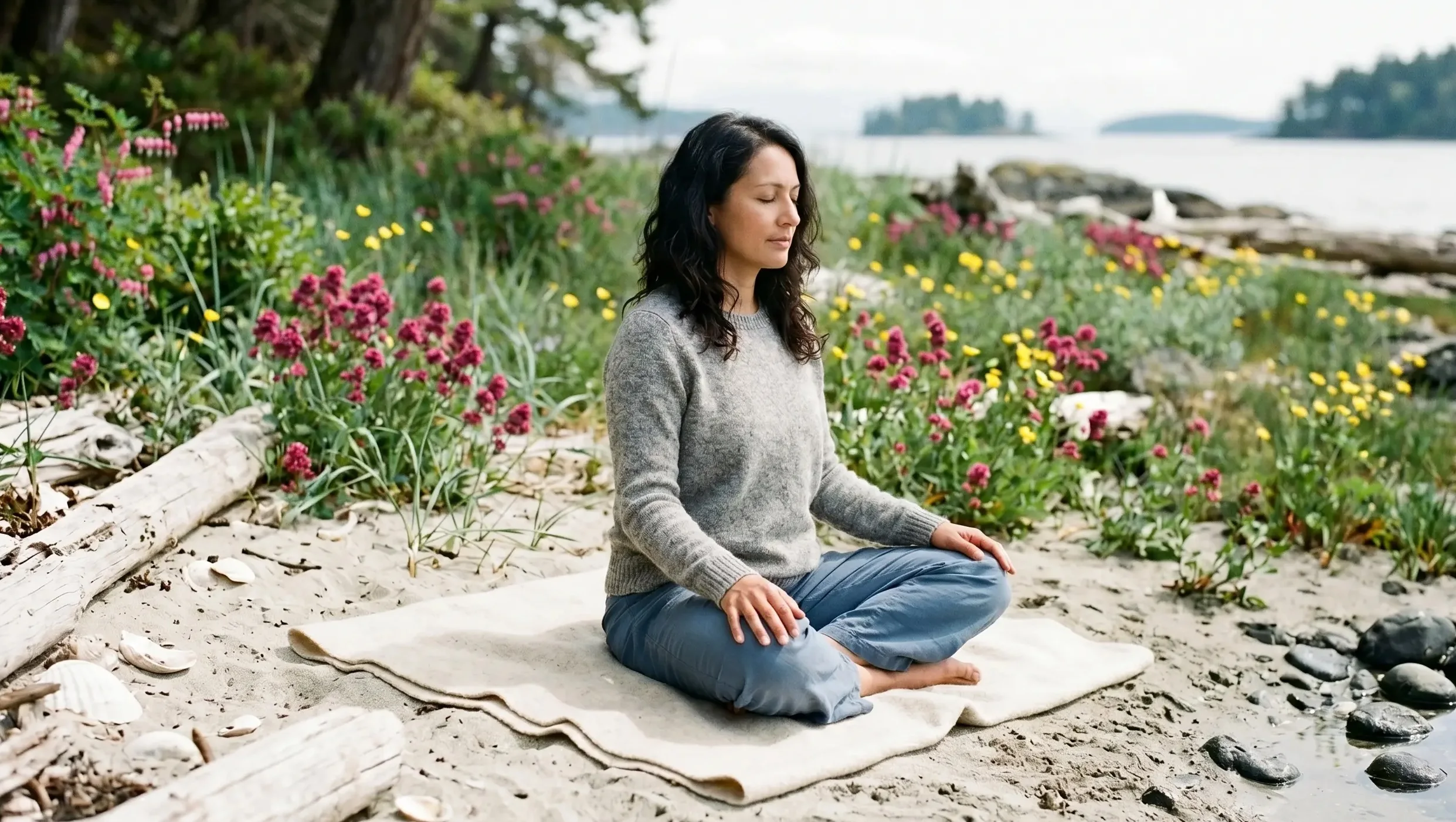 Adult seated in a cross-legged form on a wool blanket on a Gulf Islands beach | Blog | CSP