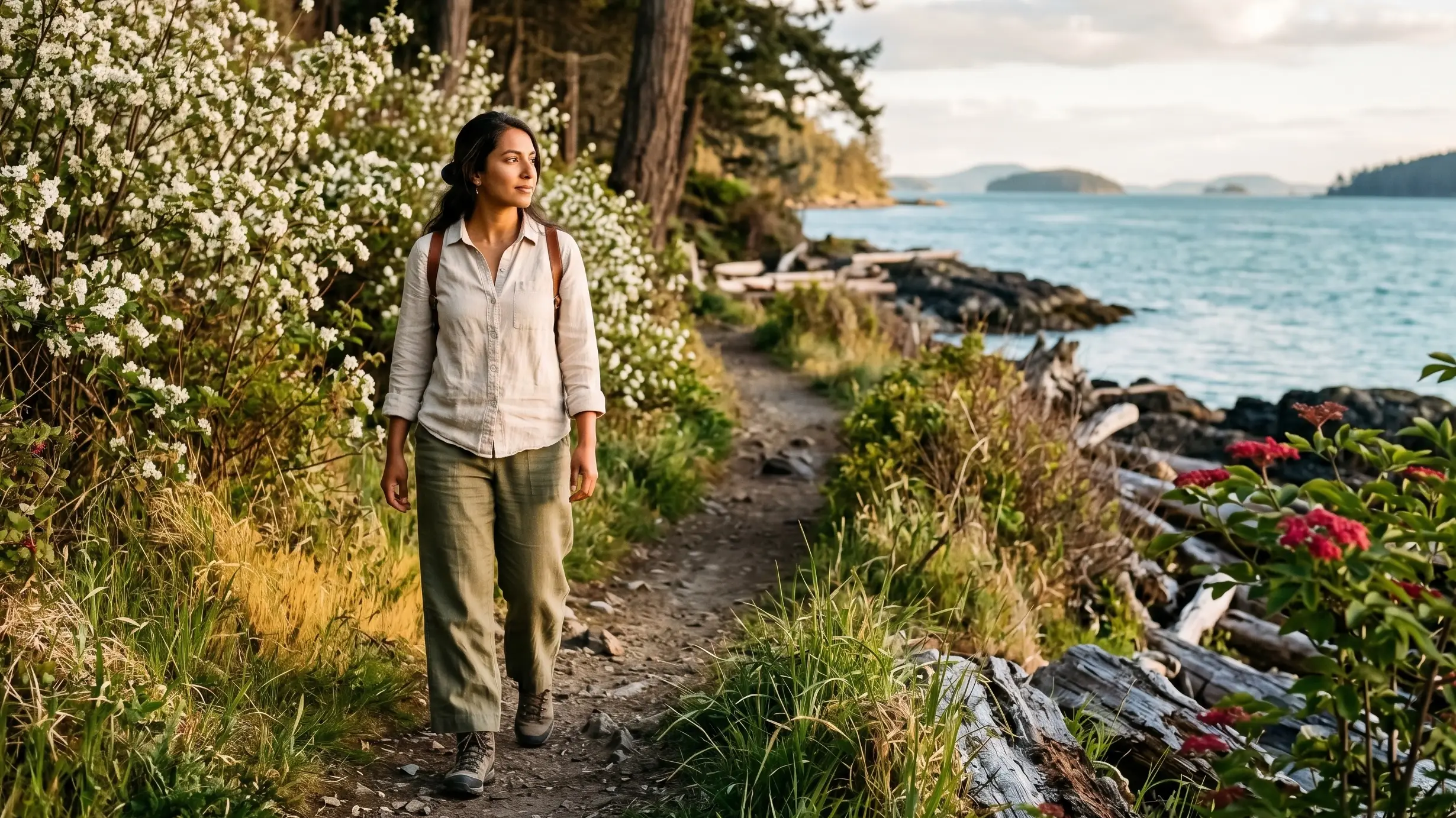 West Asian woman walking past serviceberry blossoms on a BC coastal trail | Blog | CSP