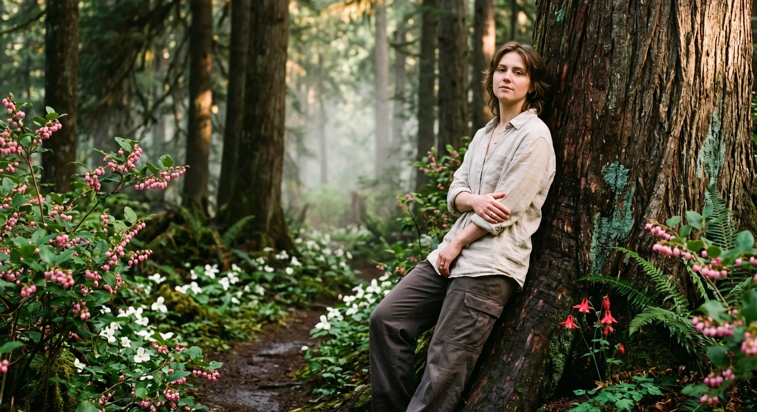 Nonbinary person leaning against a redcedar trunk in BC | Therapist Blog | CSP