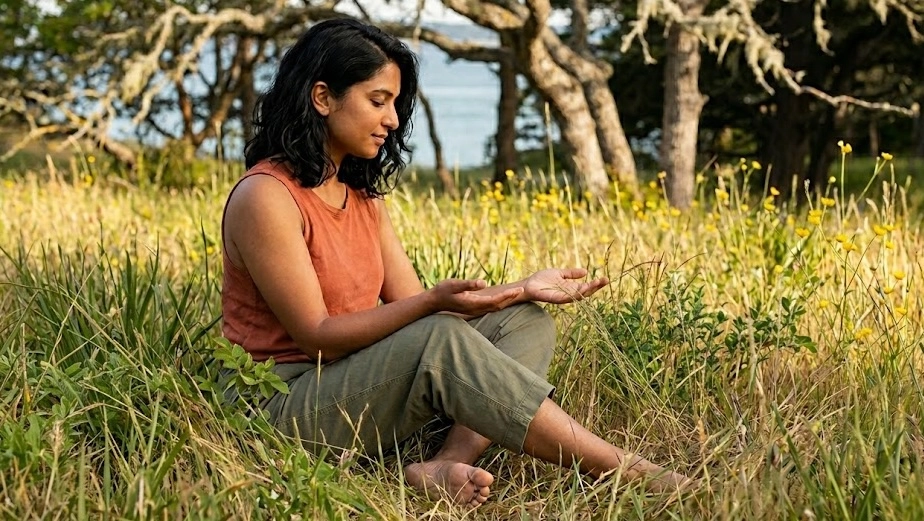 Adult sitting in a coastal meadow in BC | Therapist Blog | CSP