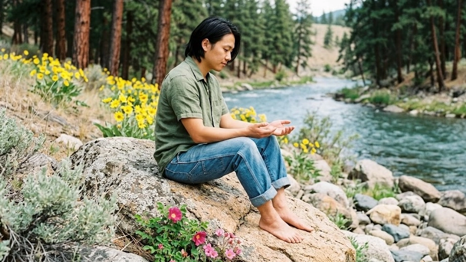 Adult sitting on a river boulder in BC | Therapist Blog | CSP