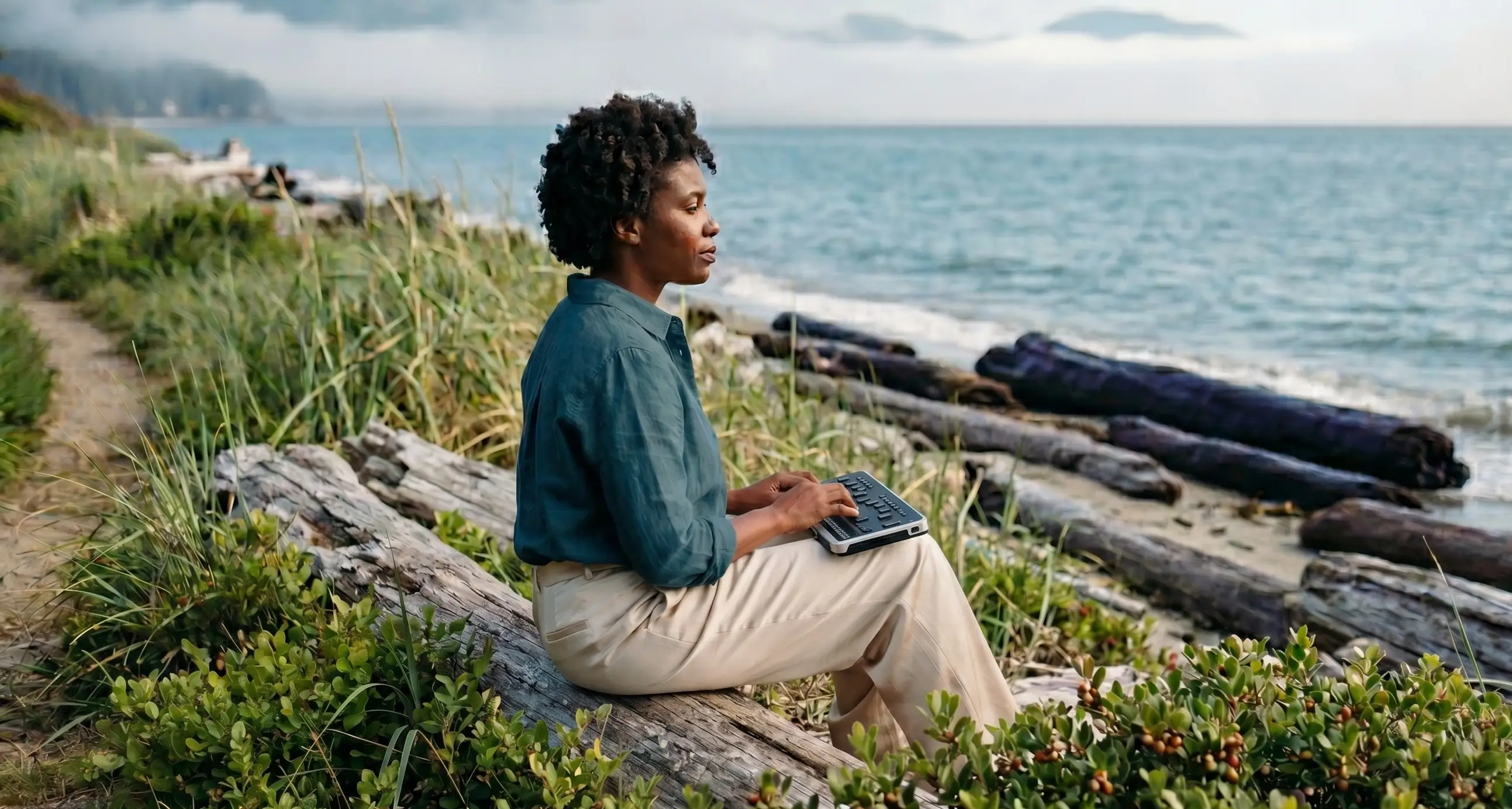 Blind woman types on a tablet keyboard on driftwood by the BC coast | Therapy Blog | CSP